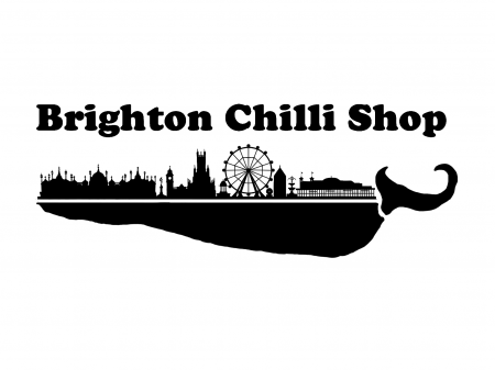 Brighton Chili Shop logo with silhouette of Brighton in black and white