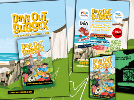 Leaflets and cards showing Days Out Sussex logo with cliffs in the background.
The leaflet gives a brief overview with coloured pictures showing young people and animals.