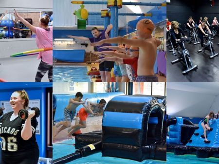 Freedom Leisure Summerfields montage of some of the activities they put on (Water assault course, spin class, swimming lessons, and gym membership.