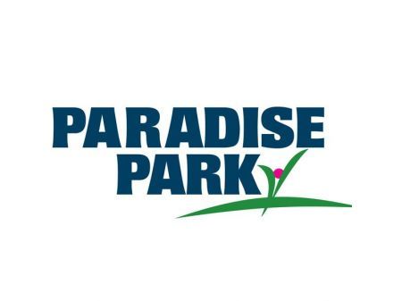 Paradise Park logo with blue writing and a flower