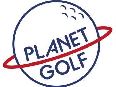 Planet Golf Logo, blue circle with red ring around horizontally, Planet golf written inside in blue.