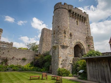 Image of Lewes Castle, grey bricks make the castle, this picture is taken of outside the building.