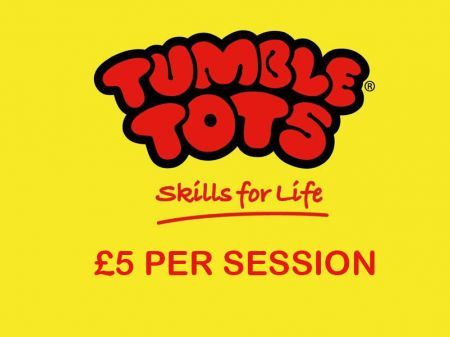 Tumble tots logo with yellow background and red writing underneath that says £5 per session