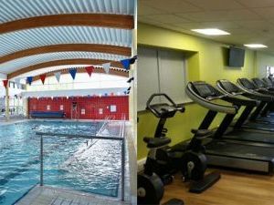 Two pictures, one of the freedom leisure swimming pool and the other is of two treadmills