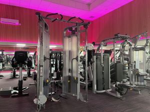 Refurbished, state-of-the-art gym space with Life Fitness machines and free weights.