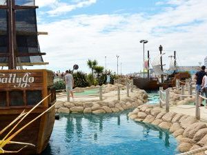 Water feature and pirate ships at Hastings Adventure Golf