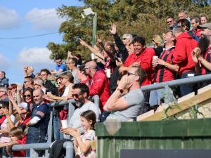 FC Lewes fans celebrate all wearing red tops in support