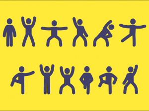 Yellow background with black figured stick men in variety of poses