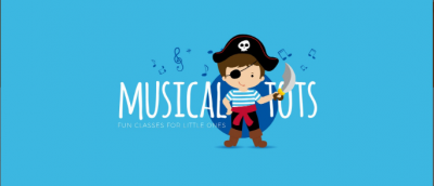 A young person dressed up as a pirate with musical tots written above them in white