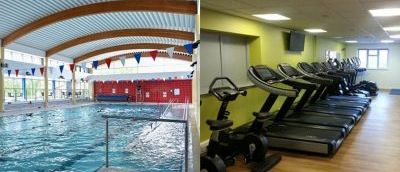 Two pictures of a the freedom leisure swimming pool and two treadmills