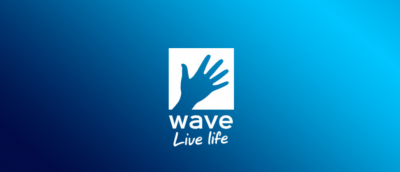 Wave logo blue hand waving with blue background