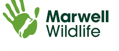 Marwell zoo logo. Marwell zoo in black writing and a green handprint next to it.