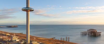 the i360 on the beach sea view with clouds in the sky
